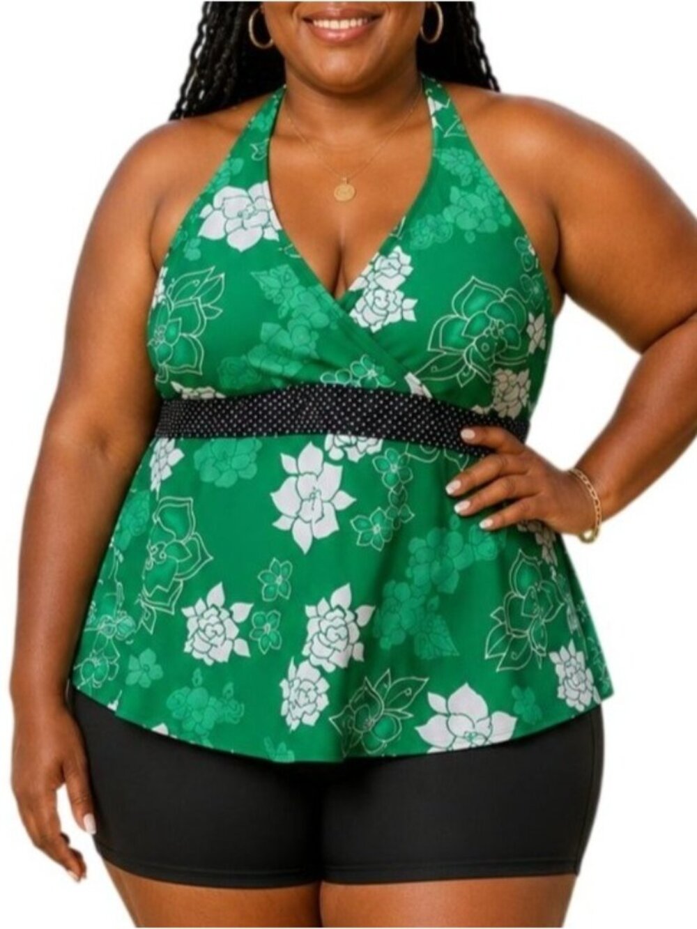 Mossimo Plus Size 26W Tankini Swim Halter Top Green Floral Polka Dot Accents